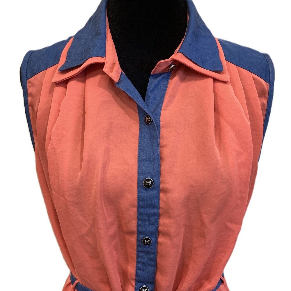 GoGirl Belted Sleeveless Blouse  Size Small Soft Flowy Boho Bow Buttons Two Tone